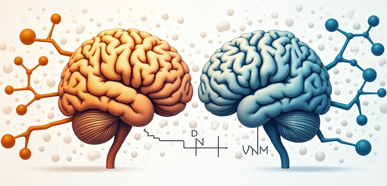 Ilustracja medyczna przedstawiająca ścieżki neuroprzekaźników w mózgu i interakcje leków, w ciepłej kolorystyce z elementami anatomicznymi.